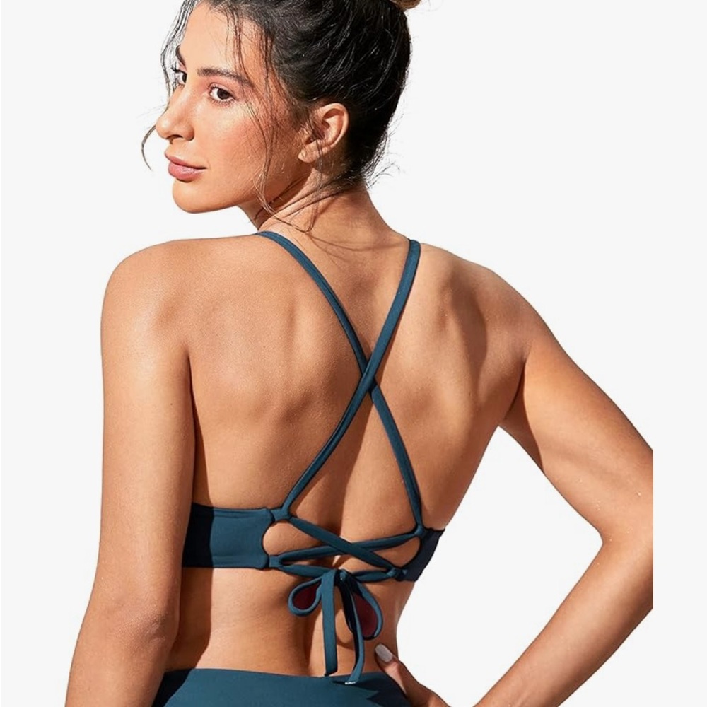 CRZ YOGA dark teal Lace Up Cross Back Swimsuit Bikini Top Size L - Picture 2 of 5